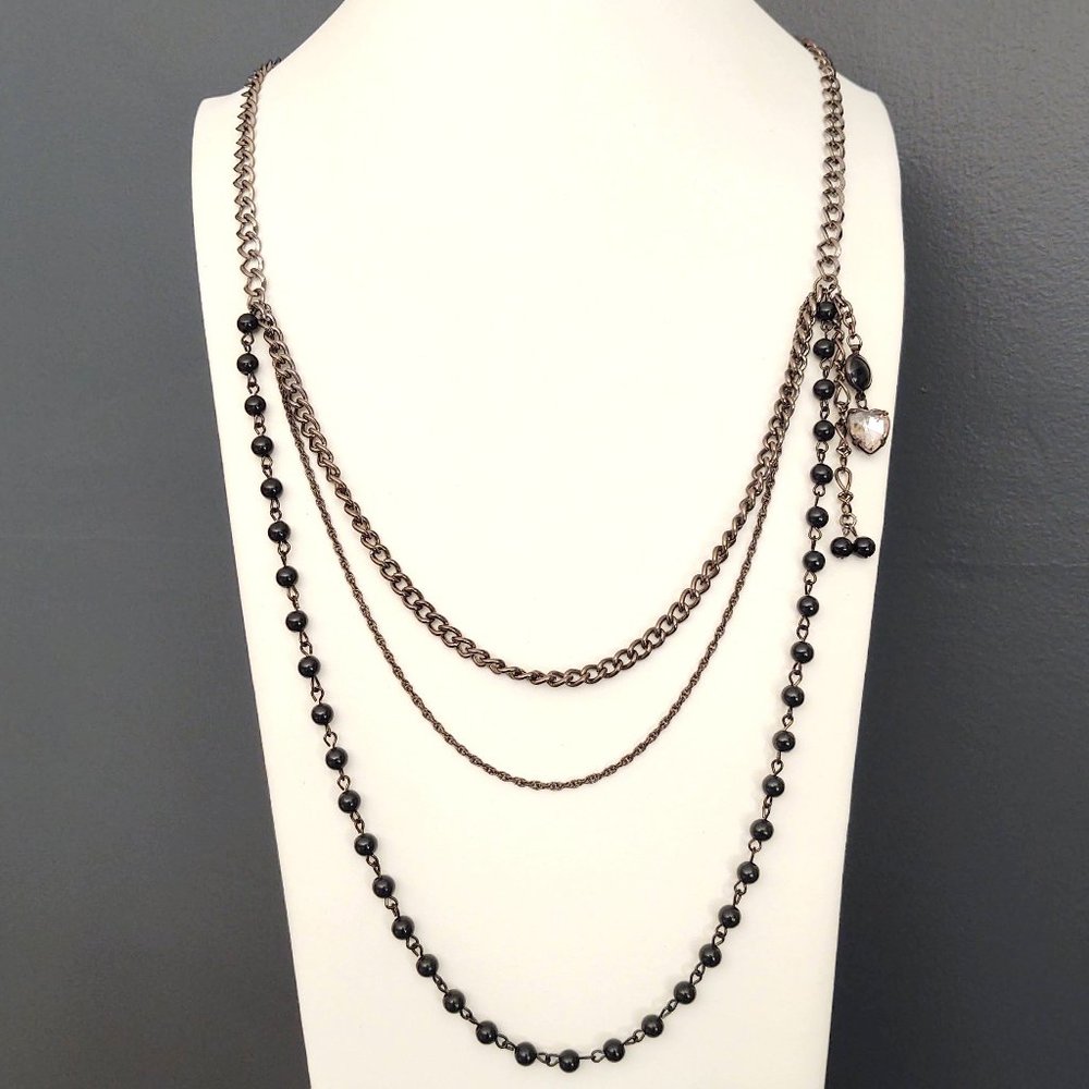 3 strand chain and bead necklace with side hanging beads
